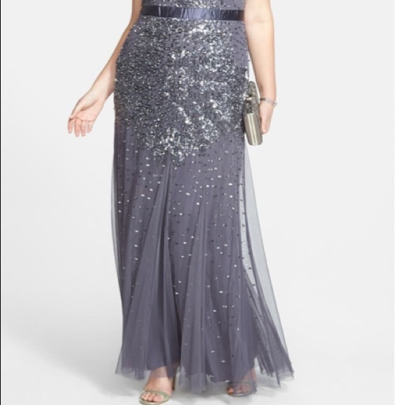Adrianna papell Gunmetal grey sequin& beaded cap sleeves Long Dress - Picture 11 of 15